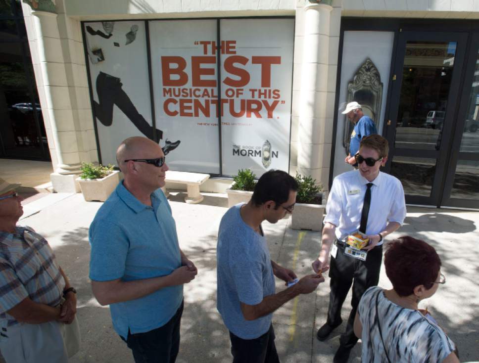Steve Griffin  |  The Salt Lake Tribune


Hoping  to win lottery tickets, fans line up 2 1/2 hours before the 7:30 p.m. curtain of the "Book of Mormon" outside the Capitol Theatre in Salt Lake City, Tuesday, July 28, 2015. The hit musical returns to Salt Lake City in August for a run at the Eccles Theater.