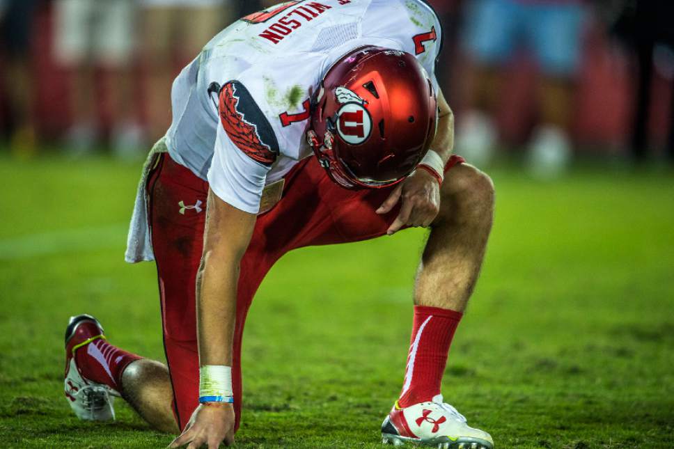 Chris Detrick  |  The Salt Lake Tribune
Utah Utes quarterback Travis Wilson (7) gets up after being sacked during the game at the Los Angeles Memorial Coliseum Saturday October 24, 2015.  USC Trojans defeated the Utah Utes 42-24.