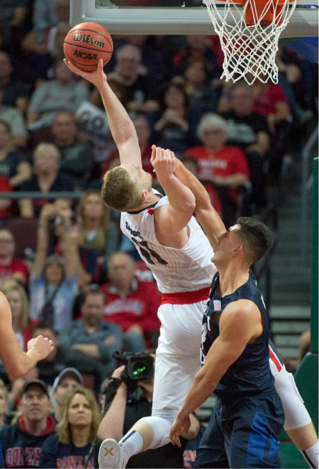 Rick Egan  |  The Salt Lake Tribune

Gonzaga Bulldogs forward Domantas Sabonis (11) shoots overBrigham Young Cougars center Corbin Kaufusi (44), in the West Coast Conference Semifinals, at the Orleans Arena in Las Vegas, Saturday, March 7, 2016.